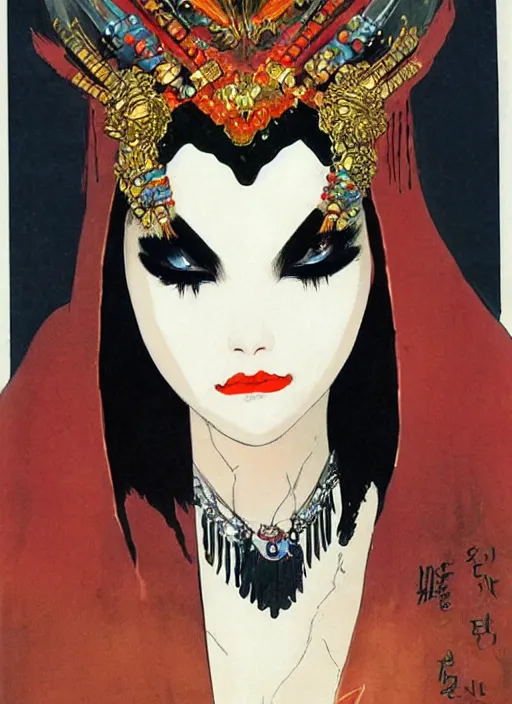 Image similar to female korean vampiress, jeweled headdress, heavy mascara, strong line, saturated color, beautiful! coherent! by frank frazetta, high contrast, minimalism