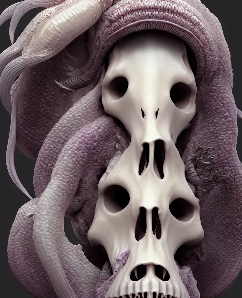 Image similar to goddess princess face close-up portrait ram skull. hard surface sculpting zbrush. jellyfish phoenix head, nautilus, orchid, skull, betta fish, bioluminiscent creatures, intricate artwork by Tooth Wu and wlop and beeple. octane render, trending on artstation, greg rutkowski very coherent symmetrical artwork. cinematic, hyper realism, high detail, octane render, 8k