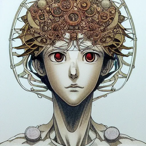Prompt: prompt: Fragile looking vessel portrait drawn by Katsuhiro Otomo, inspired by Greek Myth, magical and alchemical objects on the side, soft light, white background, intricate detail, intricate ink painting detail, sharp high detail, manga and anime 2000