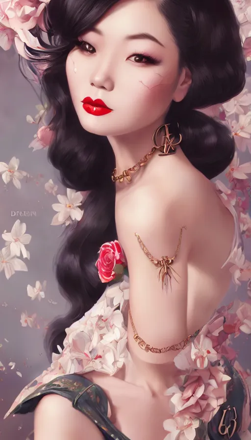 Image similar to a pin up and beautiful fashion and charming and dreamlke asian girl with lv jewelry, medium shot, art by artgerm & ross tran & wlop, hyperdetailed, 8 k realistic, symmetrical, frostbite 3 engine, cryengine, dof, trending on artstation, digital art