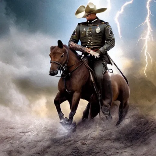 Image similar to most hated united states president, riding bear, realistic render, leading army in battle against aliens at the alamo, stormy weather with lightning, directed by christopher nolan and michael bay