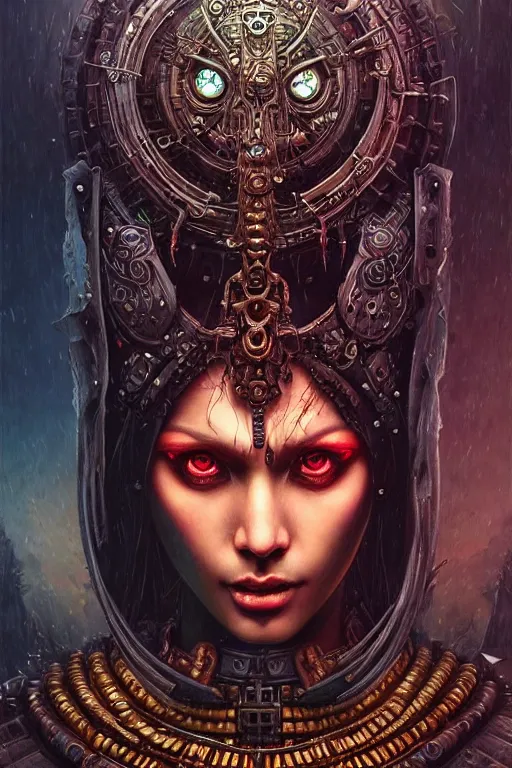 Prompt: a hyperrealistic acrylic portrait painting of a cyberpunk - necromancer by artgerm, beksinski and thomas kinkade. intricate details. believable eyes. head and shoulders. front on, symmetrical. epic fantasy art. indian and japanese mythology. rama. samurai.