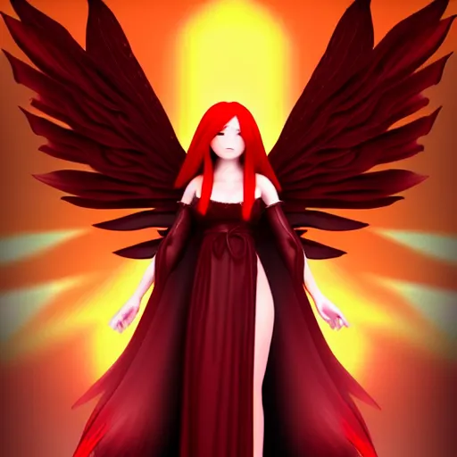 Prompt: beautiful female mage with red hair, angelic figure, dark wings