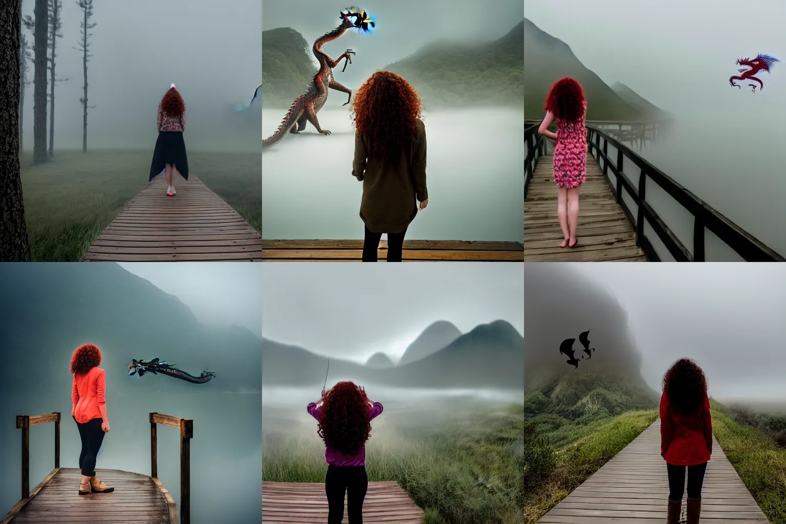 Prompt: a photo of a woman with curly long redhair standing in a boardwalk besides a river looking at a dragon flying out of the mountains in a fog during a thunderous weather