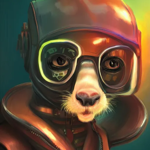 Prompt: cyberpunk anthropomorphic ferret, wearing leather jacket, medium shot portrait, digital painting, trending on ArtStation