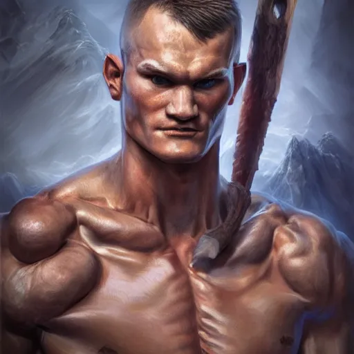 Image similar to portrait of a barbarian Vitalik Buterin, muscular, wild, upper body, D&D, fantasy, intricate, cinematic lighting, highly detailed, digital painting, artstation, concept art, smooth, sharp focus, illustration, art by Hajime Sorayama