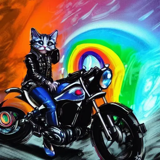 Image similar to wide angle full body, jacket wearing fluffy cute rainbow kitten wearing a black leather motorcycle jacket, riding on a motorcycle, cinematic concept art