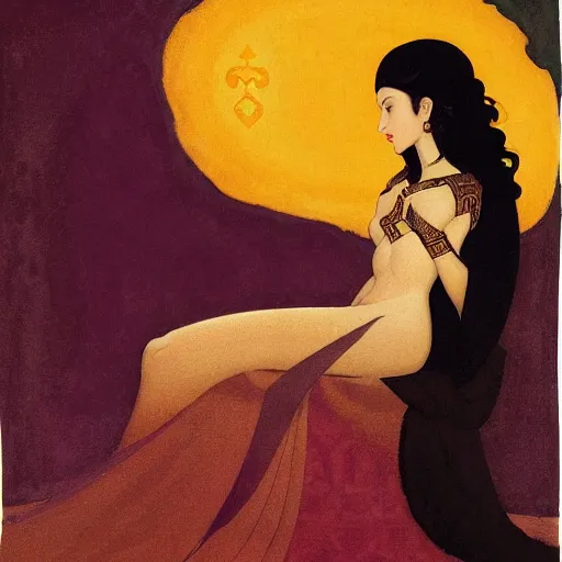 Image similar to an illustration of an ivory skin with dark curly hair queen on a throne, by nicholas roerich, by frank frazetta by georgia o keeffe by frederick william elwell, by hans emmenegger, by eyvind earle highly detailed, realistic, outline, line work, fantasy, oriental, stylised flat colors, animation