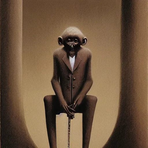 Image similar to monkey in a suit made by zdzislaw beksinski