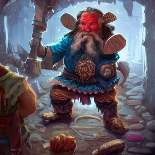 Prompt: a dwarf selling kool-aid dies suddenly, fantasy concept art, intricate detail