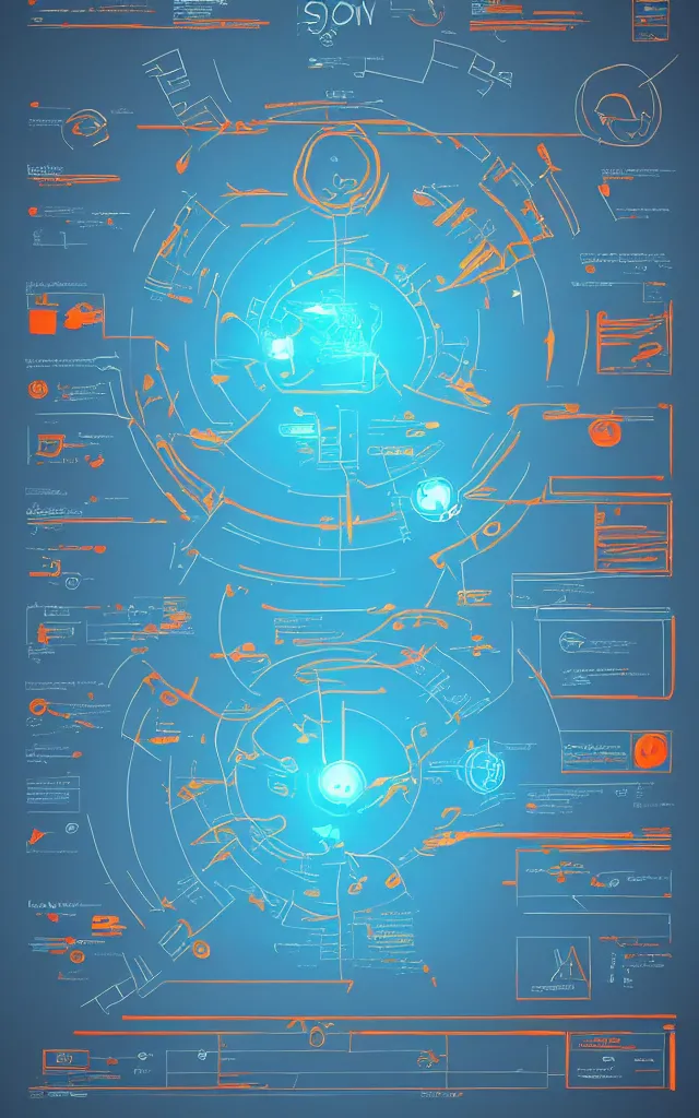 Prompt: bondi blue blue alien glyphs hierarchical outline diagram, orange overlay, user interface for movie, great composition, outstanding information design and data visualization, concept art, cinematic, trending on artstation, 4 k