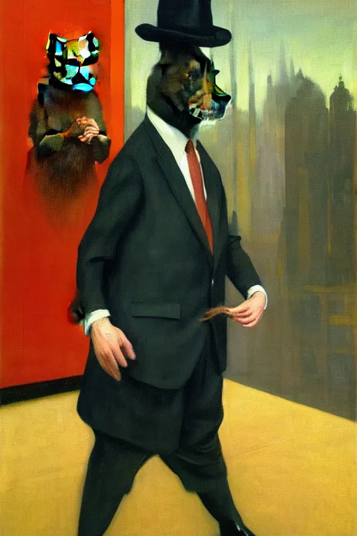 Image similar to man in business costume, a bear in business costume, business negotiations process, hauntingly surreal, highly detailed painting by francis bacon, edward hopper, adrian ghenie, gerhard richter, and james jean soft light 4 k,