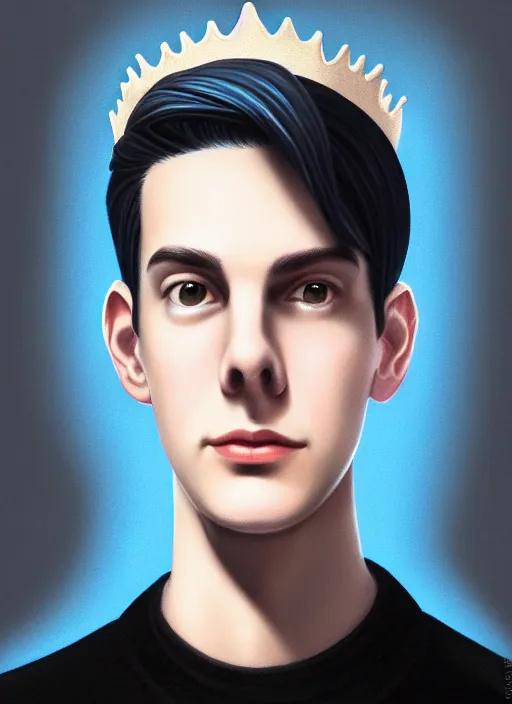 Image similar to portrait of teenage jughead jones wearing a light grey crown, crown, blue turtleneck, 1 9 5 0 s, closed eyes, photorealistic, black hair, glowing lighting, intricate, elegant, glowing lights, highly detailed, digital painting, artstation, concept art, smooth, sharp focus, illustration, art by wlop, mars ravelo and greg rutkowski