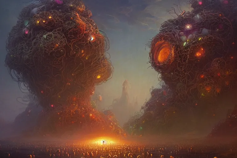 Image similar to an intricate colorful matte painting of a herd of the flying Spaghetti Monster invading an alien world, by Christophe Vacher and Bastien Lecouffe-Deharme, trending on artstation