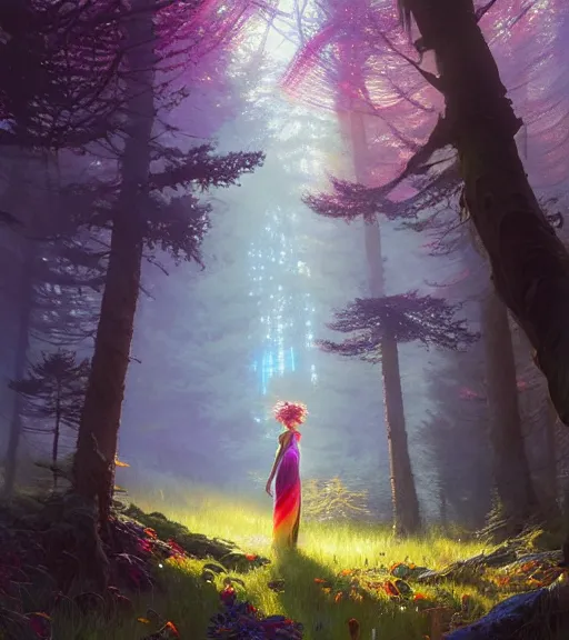 Image similar to highly detailed portrait of women wearing rainbow gown in middle of colorful forest in gta v, stephen bliss, unreal engine, fantasy art by greg rutkowski, loish, rhads, ferdinand knab, makoto shinkai and lois van baarle, ilya kuvshinov, rossdraws, tom bagshaw, global illumination, radiant light, detailed and intricate environment