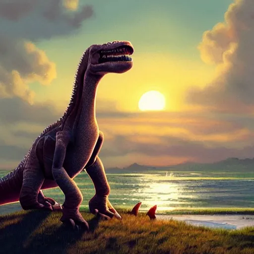 Prompt: a dinosaur watching the sunset, artstation