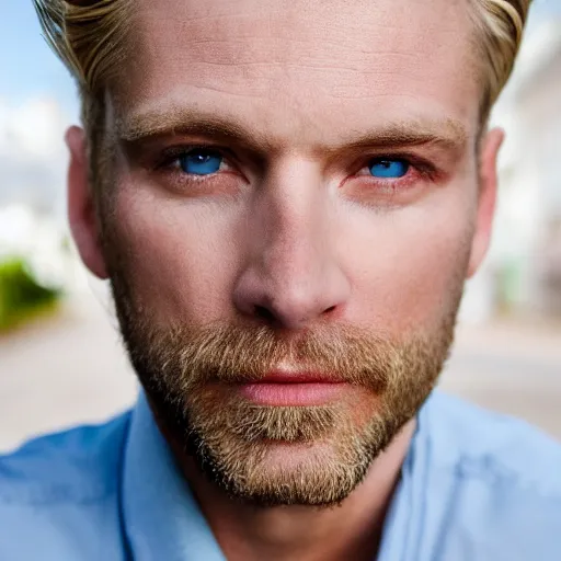 Image similar to close up of face of good looking 4 0 year old blond man with blond stubble, very short wavy blond hair in a short pompadour style, very pale skin, blue eyes, hairy shoulders, hairy chest, color portrait, 4 k