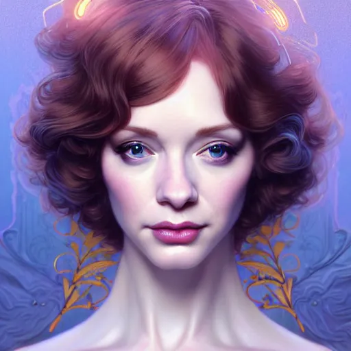 Image similar to christina hendricks wearing a white periwinkle, sci fi, glowing eyes, volumetric lights, gold theme, art nouveau botanicals, intricate, highly detailed, digital painting, artstation, concept art, smooth, sharp focus, cinematic, illustration, beautiful face, art by artgerm and greg rutkowski and alphonse mucha