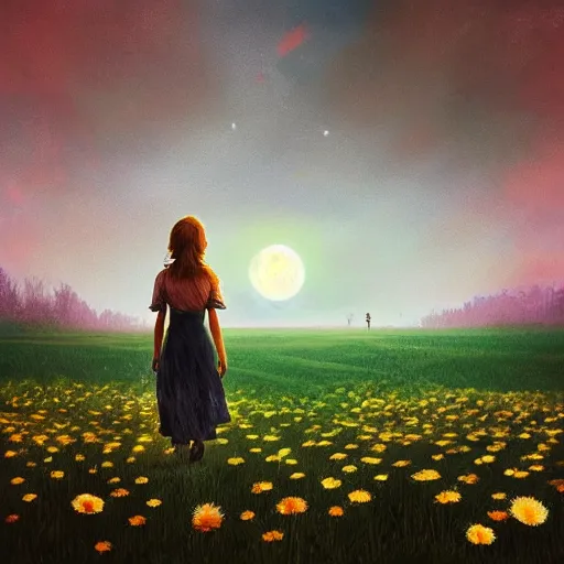 Prompt: giant daisy flower as a head, girl walking in flower field, surreal photography, moon light, dark night, dramatic, impressionist painting, clouds, digital painting, artstation, simon stalenhag