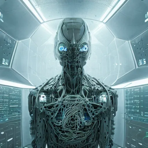 Image similar to ultradetailed illustration of a biomechanic evil cyborg posing in front of a futuristic neuronal supercomputer, by greg rutkowski and Zdzisław Beksiński., photorealistic, 8k, intricate, futuristic, dramatic light, trending on cg society