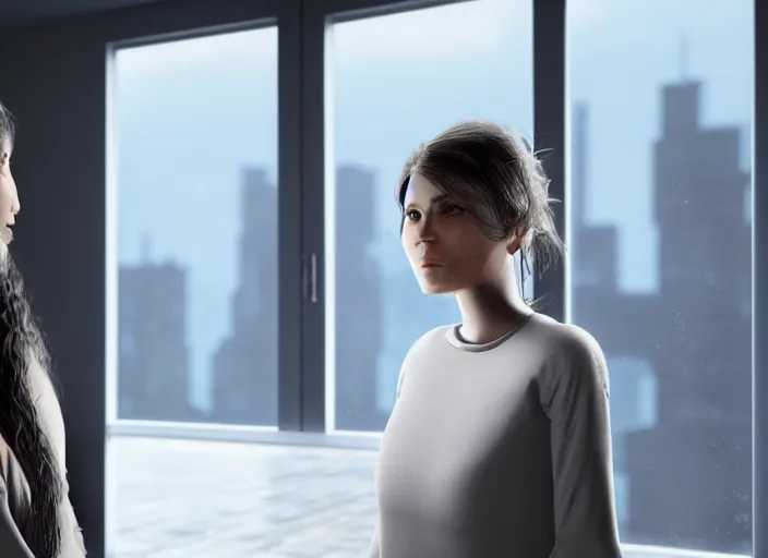 Image similar to a portrait of a woman standing infront of a window, a man is standing behind her with a look of suprise in his face, 8 k, photorealistic, unreal engine,