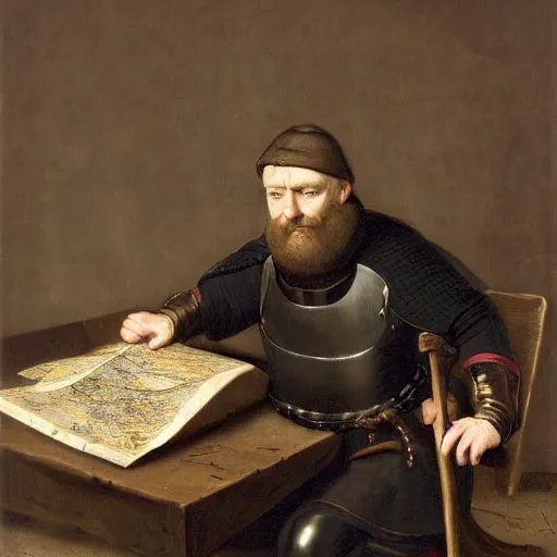 Prompt: Portrait of frustrated and acerbic male medieval sergeant with a short beard wearing a {black and yellow tabard} over a steel breastplate and a black gambeson with his hands planted on a table with a war theater map, by Greg Rutkowski, {perfect face}, {perfect eyes}, {hands planted on war table while standing}, fantasy