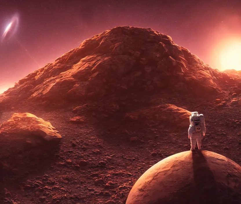 Prompt: a astronaut walking on a mountainous alien planet with a giant red planet with rings appearing in the sky at night, digital art, concept art, trending on DeviantArt, highly detailed, high quality, 8K, cinematic lighting