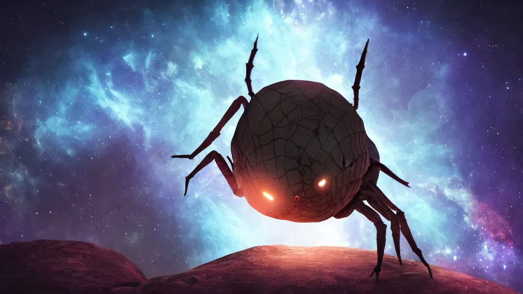 Prompt: human child spider hybrid on a planet. close bottom view. whole body. nebula background. cinematic composition. cinematic lightning. ultra realistic. 8 k. highly detailled. deep space. ultra realistic details. cinematic atmosphere. studio lighting. shadows. dark background.