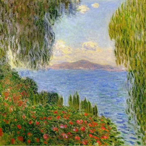 Prompt: Large Italianate House with beautiful landscaping on the shores of Lake Como, oil painting in the style of Claude Monet