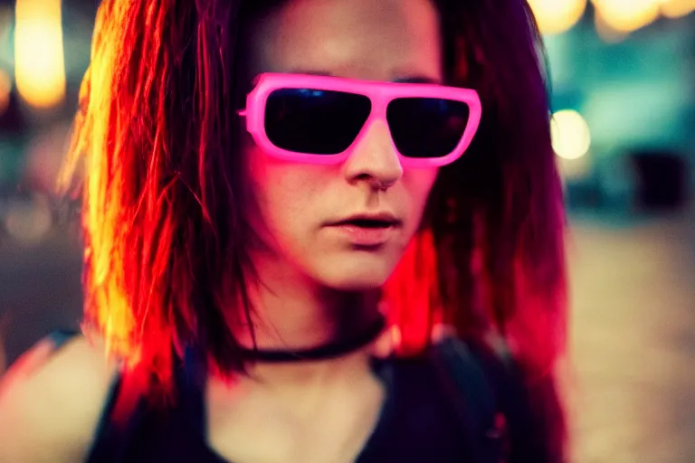 Prompt: closeup young trained female cyberpunk assassin, sunglasses, died hair, shag cut colorful city lighting, night by emmanuel lubezki