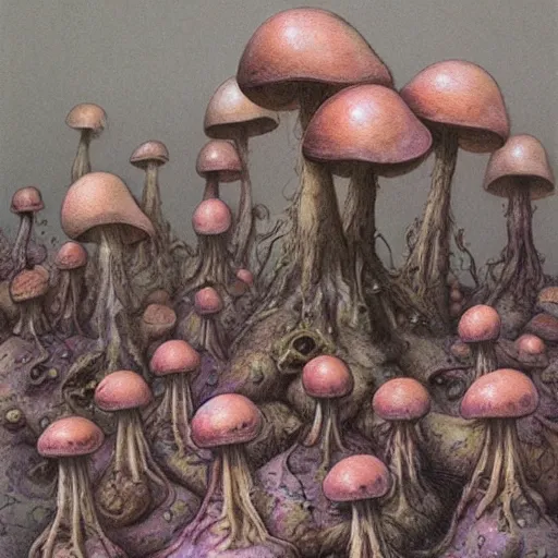 Image similar to woman commands little mushroom soldiers, by wayne barlowe