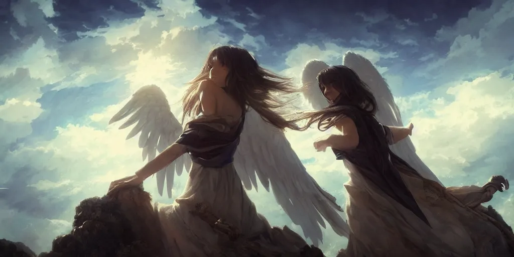 Prompt: a biblically accurate angel, dramatic sky, distant shot, anime art, Greg Rutkowski, dramatic lighting