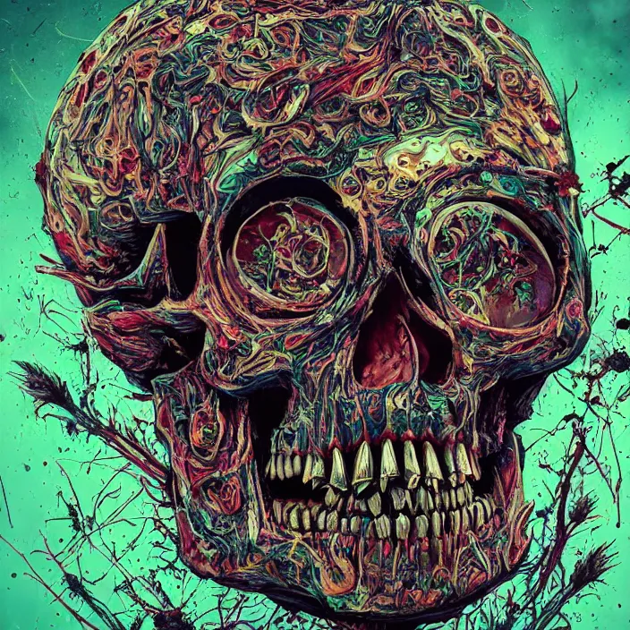 Image similar to portrait of a psychedelic skull. razor sharp teeth. infected with zombie virus. intricate abstract. intricate artwork. nightmare fuel. by Tooth Wu, wlop, beeple, dan mumford. octane render, trending on artstation, greg rutkowski very coherent symmetrical artwork. cinematic, hyper realism, high detail, octane render, 8k, iridescent accents