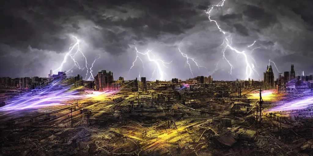 Image similar to post apocalyptic landscape lightning buildings neon lasers