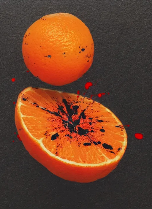 Prompt: an orange with a blood splatter on it,