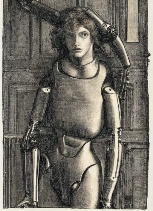 Prompt: a portrait of a robot cyborg by Dante Gabriel Rossetti, pre-raphaelite style