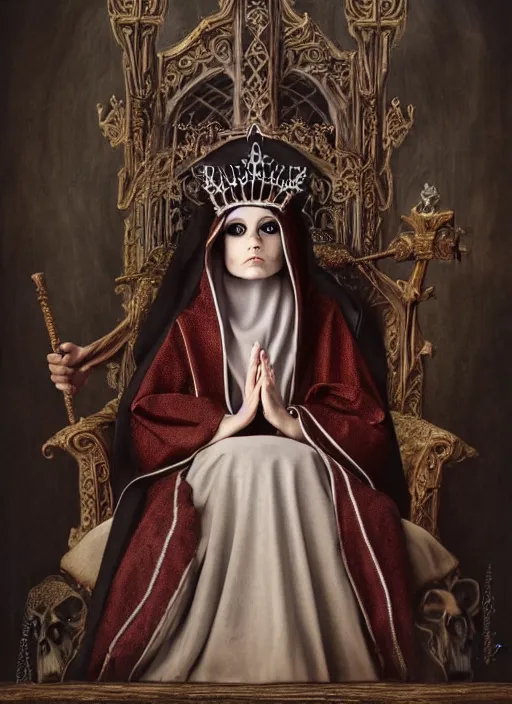 Prompt: highly detailed closeup portrait of a goth fairytale nun princess wearing a crown and sitting on a throne, surrounded by medieval goblins, unreal engine, nicoletta ceccoli, mark ryden, earl norem, lostfish, global illumination, god rays, detailed and intricate environment