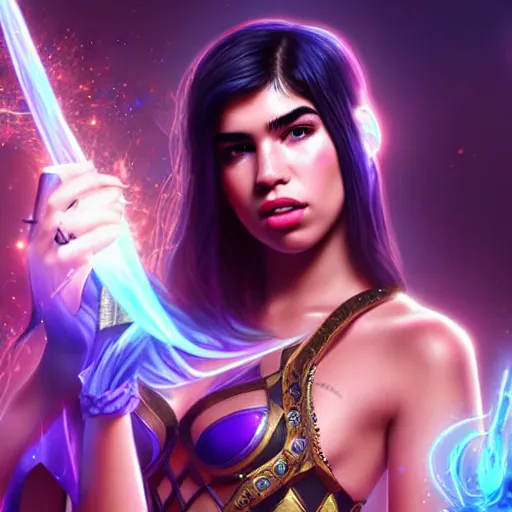 Image similar to Dua Lipa as a magic caster League of Legends playable character, realistic, 4k, highly detailed