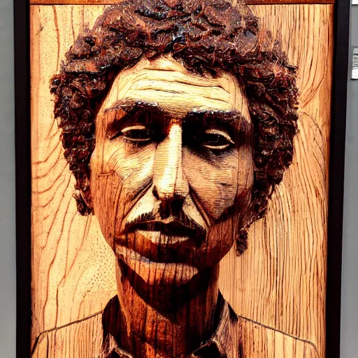 Image similar to accurate portrait of a bob dylan, symmetrical face, carved out of red oak wood on a pedestal art by stephan balkenhol, dramatic lighting, artsy, 8 k