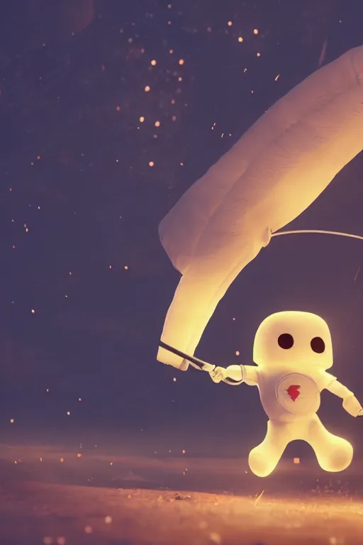 Prompt: Marshmallow Astronaut with wings swinging katana, magical atmosphere, neon, cinematic shot, intricate, ornate, photorealistic, ultra detailed, realistic, 100mm, photography, octane, high definition, depth of field, bokeh, 8k, artstation