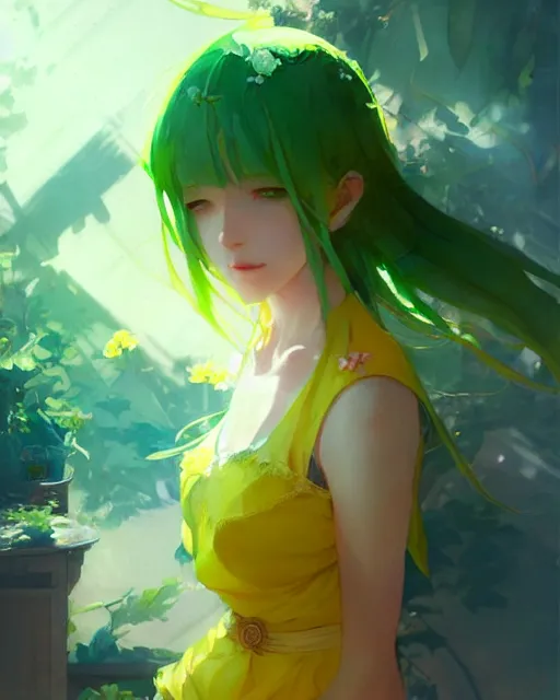 Image similar to girl with green hair and yellow clothing, flower decoration on the background, a beautiful half body illustration, top lighting, perfect shadow, soft painting, art by hidari and krenz cushart and wenjun lin