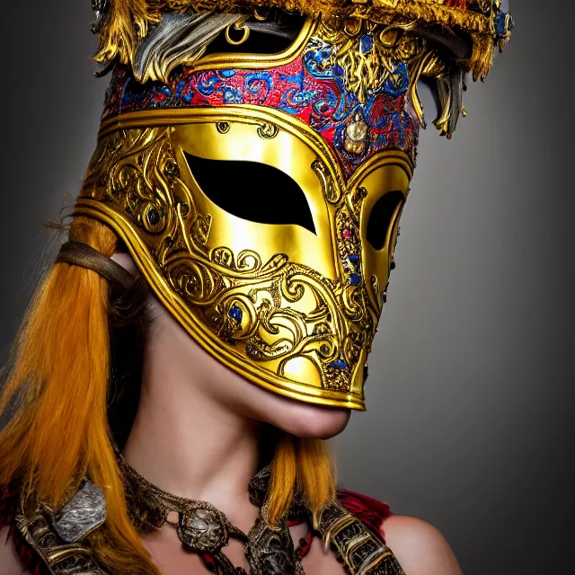 Image similar to full length portrait photo of a female warrior with ornate venetian mask highly detailed, 8 k, hdr, close up, smooth, sharp focus, high resolution, award - winning photo