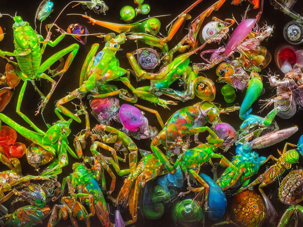 Image similar to petri dish art. animal eyes, cloudy eyes, cataract. subsurface scattering, translucency, backlit, diffused, smooth. praying mantis, orchid mantis, poisonous frog. high quality highly detailed award winning photograph by national geographic. complementary color scheme.