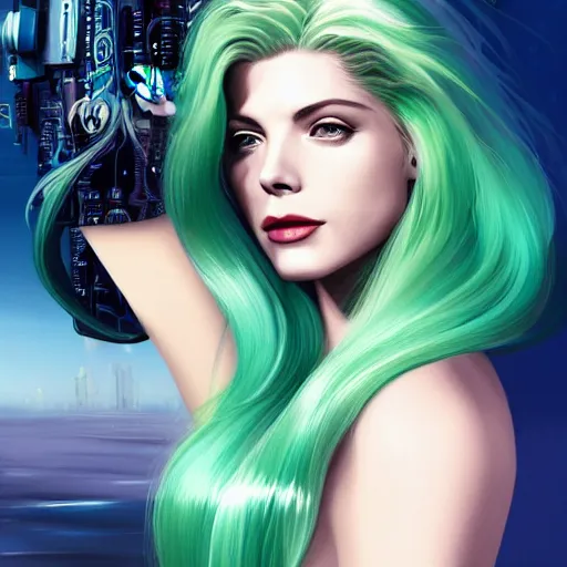 Image similar to A combination of Grace Kelly's and Katheryn Winnick's and Ashley Greene's faces with light green hair as a mermaid on the beach, cyberpunk style, synthwave aesthetic, fantasy, intricate, elegant, highly detailed, digital painting, artstation, concept art, matte, sharp focus, illustration, half body portrait, anime style, blue tint, art by Artgerm and Greg Rutkowski and Alphonse Mucha