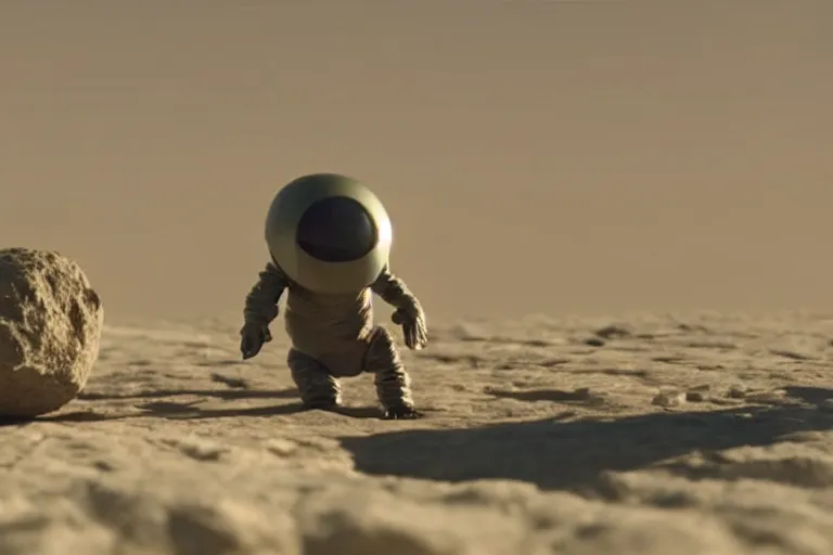 Prompt: vfx movie scene closeup adorable tiny little baby alien creature in moon desert eating a rock. by emmanuel lubezki