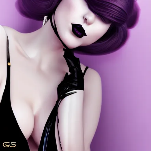 Prompt: portrait of a curvy feminine hot pale goth woman with elaborate, elegant, sophisticated, tight nylon, lace and silk dress, black lipstick, purple makeup, cgsociety, realistic, highly detailed, sublime, 16k, smooth, sharp focus, trending on ArtStation, hyperdetailed, volumetric lighting