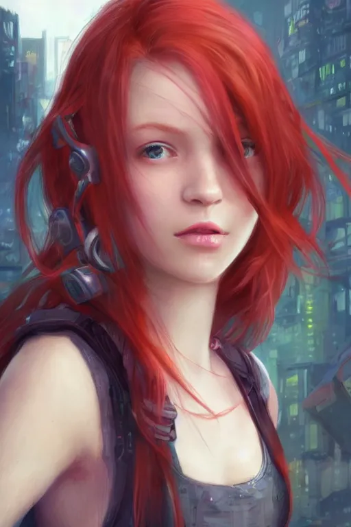 Prompt: beautiful cute red haired joyful and playful nineteen year old young girl standing up, casual green clothing, long hair, cyberpunk city, cute face, rpg character, sci - fi, fantasy, intricate, elegant, digital painting, artstation, concept art, smooth, 8 k frostbite 3 engine, ultra detailed, art by artgerm and greg rutkowski and magali villeneuve