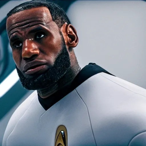 Prompt: first picture of lebron james as captain in new star trek movie, ( eos 5 ds r, iso 1 0 0, f / 8, 1 / 1 2 5, 8 4 mm, postprocessed, crisp face, facial features )