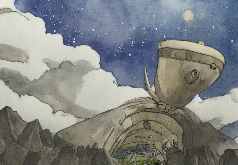 Image similar to a cell - shaded watercolor concept art from a studio ghibli film showing one giant grey alien. a temple is under construction in the background in machu pichu on a misty and starry night. by studio ghibli. very dull muted colors