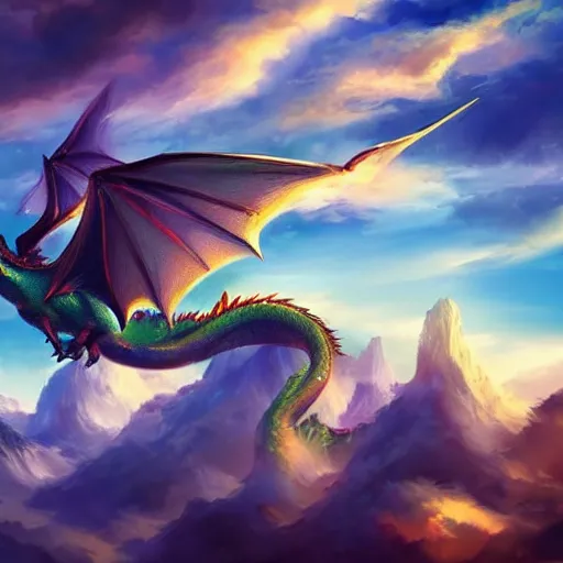 Image similar to dragons flying, fantasy scenery, clouds, beautiful, brilliant colors, shinning, peaceful, digital art, detailed, artstation